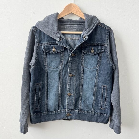 Ring of Fire Other - Ring of Fire Hooded Denim Jacket Trucker Streetwear Layered Gray Hoodie Boys XL